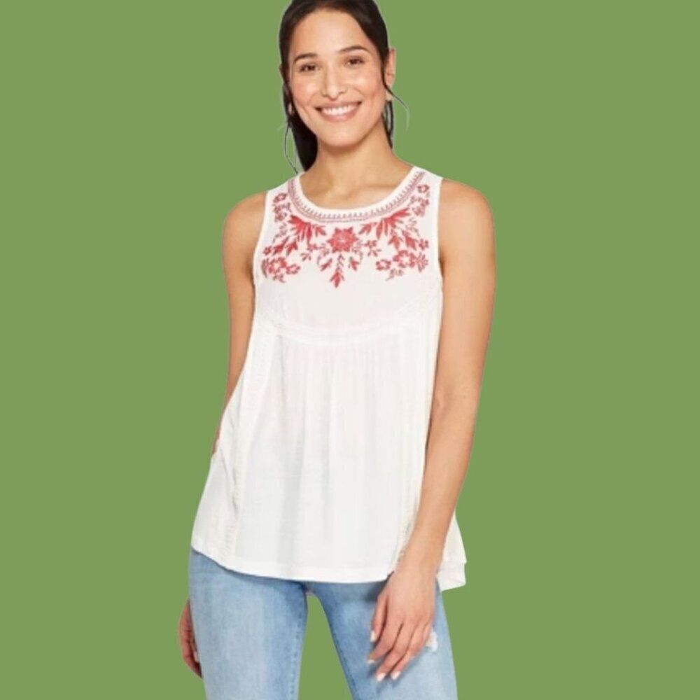 Knox Rose Womens Sleeveless White Top With Red Floral Embroidery Small